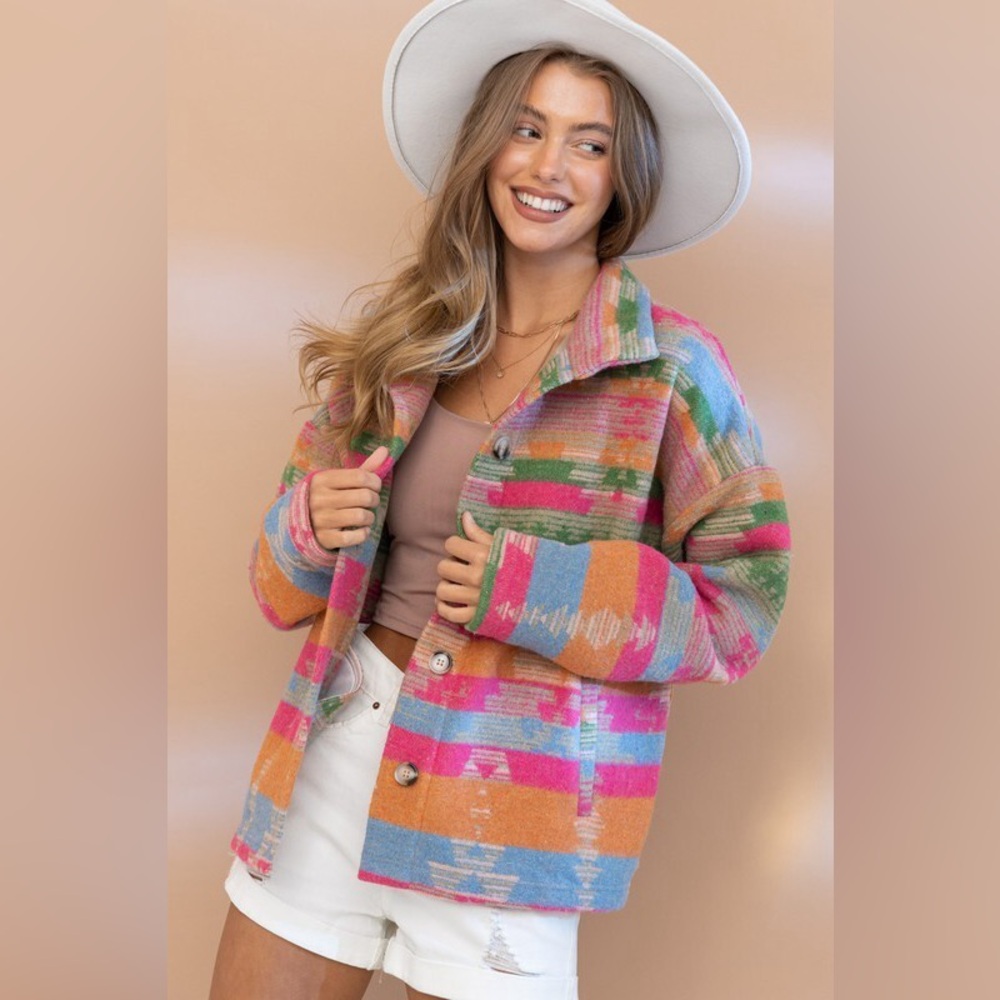 Blakely Colorful Bright Aztec Button-Up Shacket Jacket - Picture 3 of 10